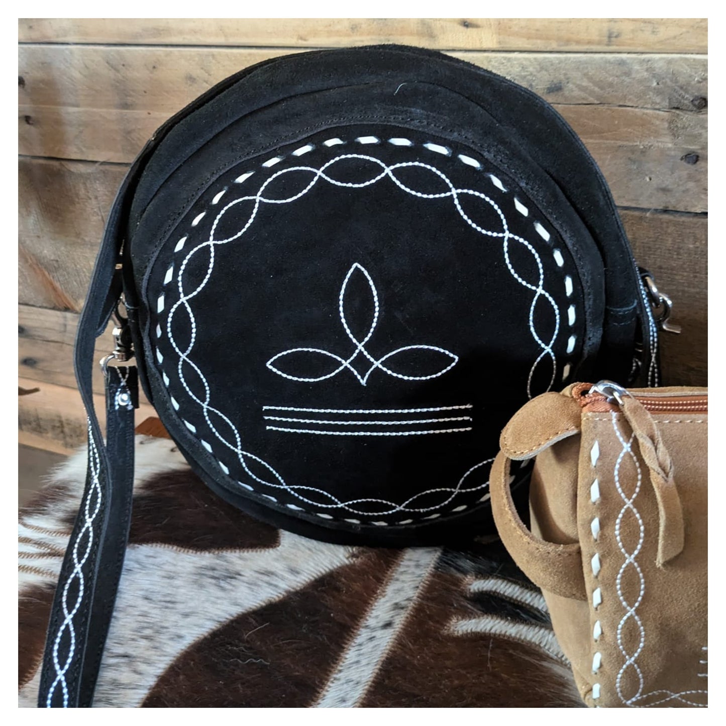 Boot Stitch Suede Round Crossbody