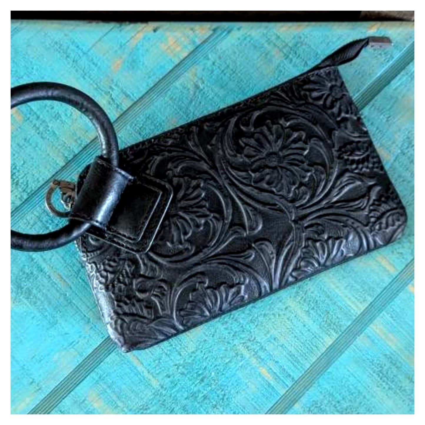 Floral Tooled Ring Handle Wristlet Clutch Bag