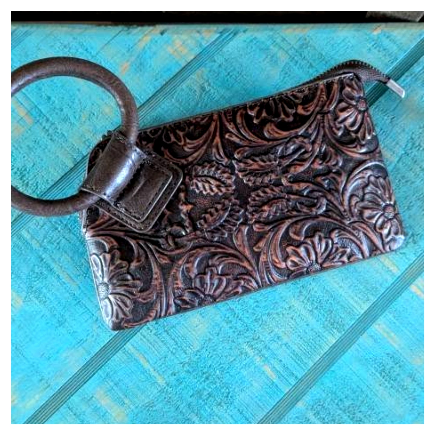 Floral Tooled Ring Handle Wristlet Clutch Bag