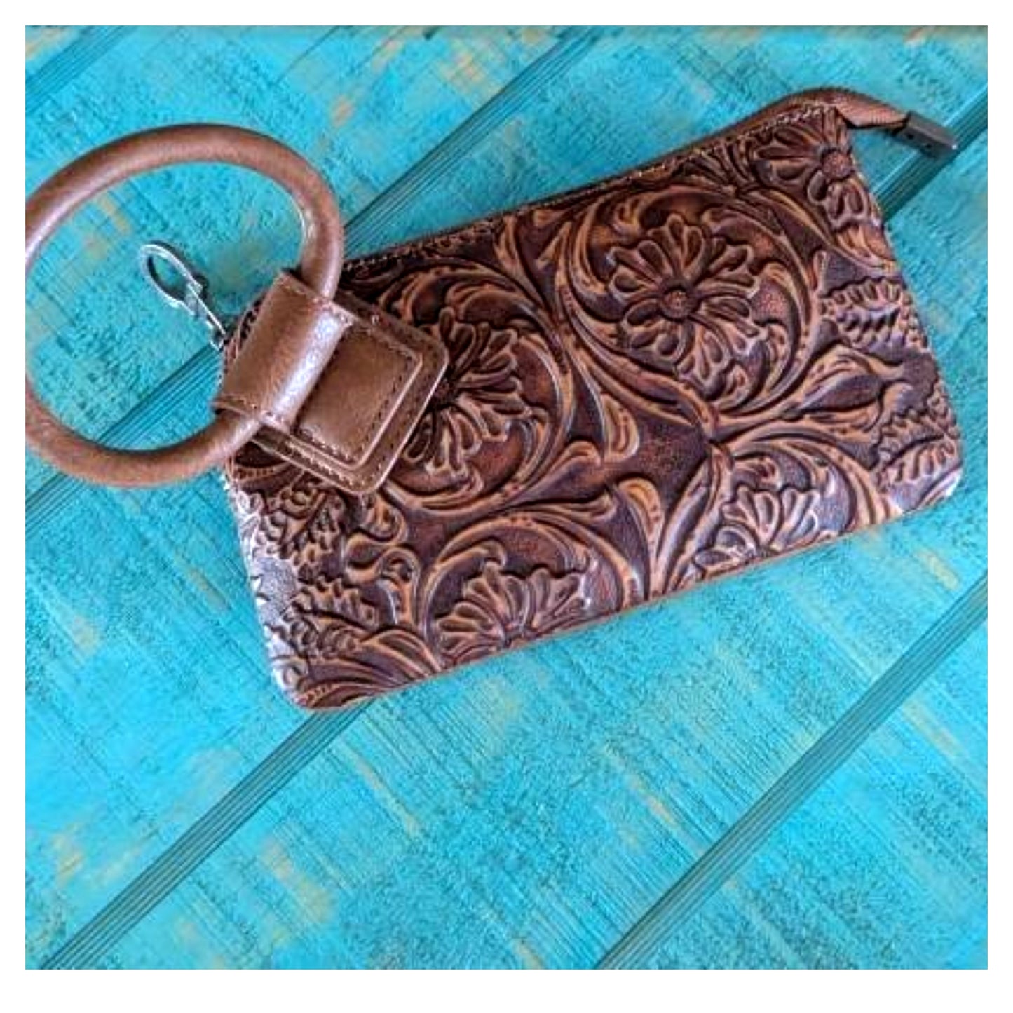 Floral Tooled Ring Handle Wristlet Clutch Bag