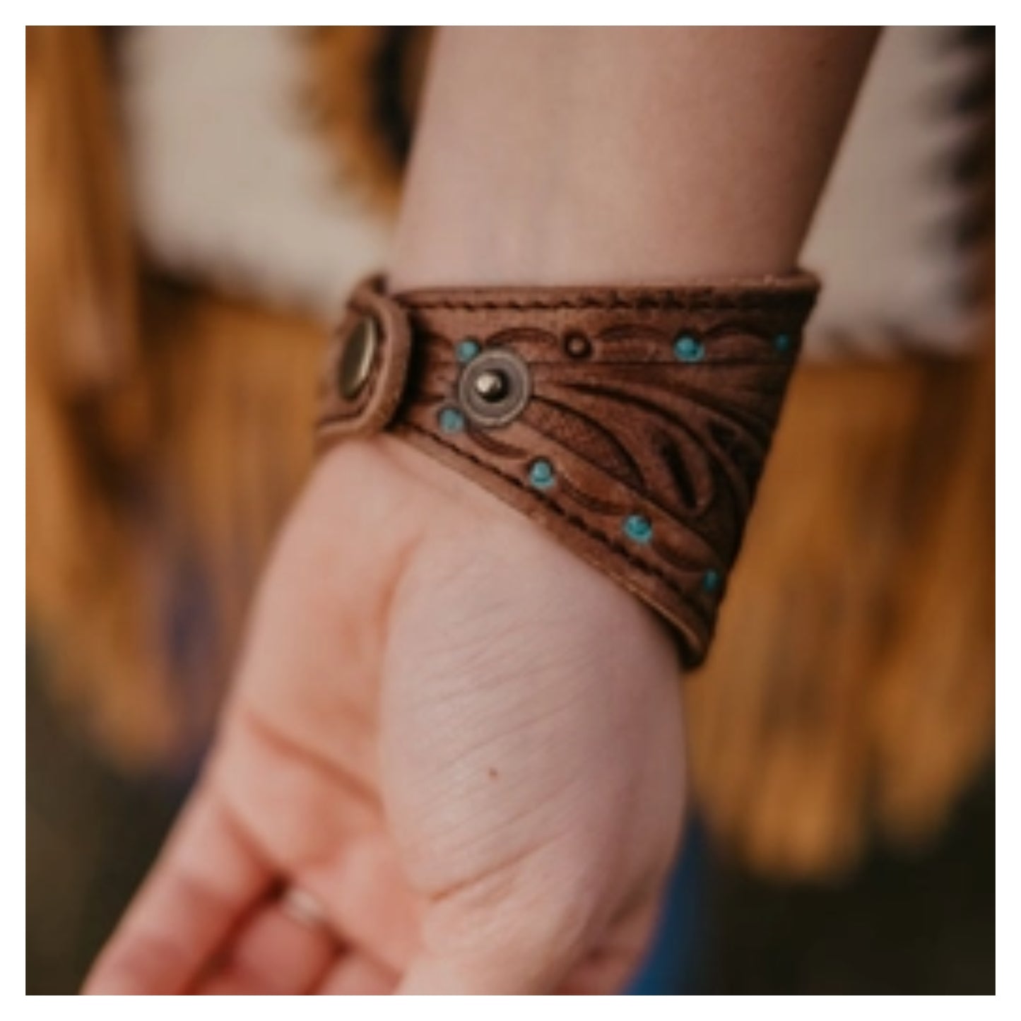 Turquoise Scroll Leather Cuff