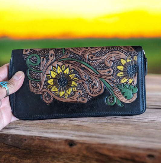 Big Ole Sunflower Tooled Leather Wallet