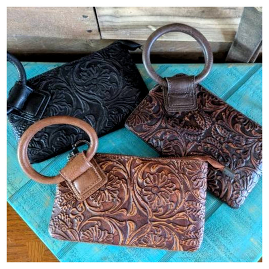 Floral Tooled Ring Handle Wristlet Clutch Bag
