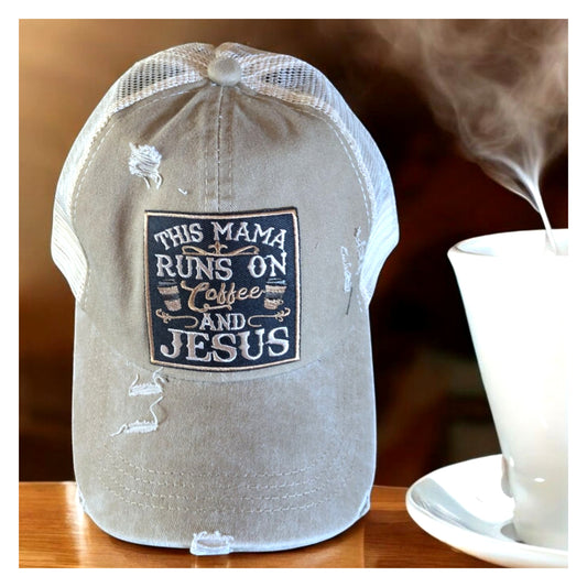 This Mama Runs On Coffee & Jesus Criss Cross Ponytail Hat