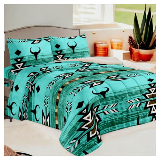 Turquoise Longhorn 3 Pc Sherpa Blanket Set