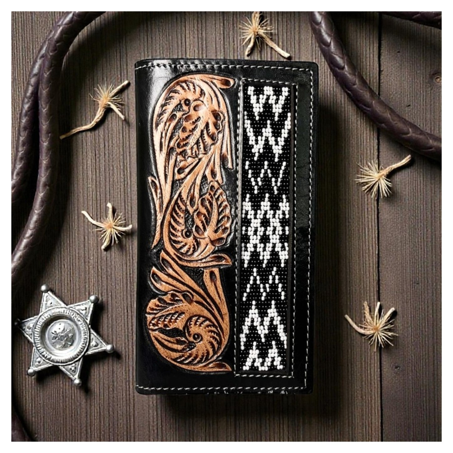 Leather Tooled Beaded Wallet