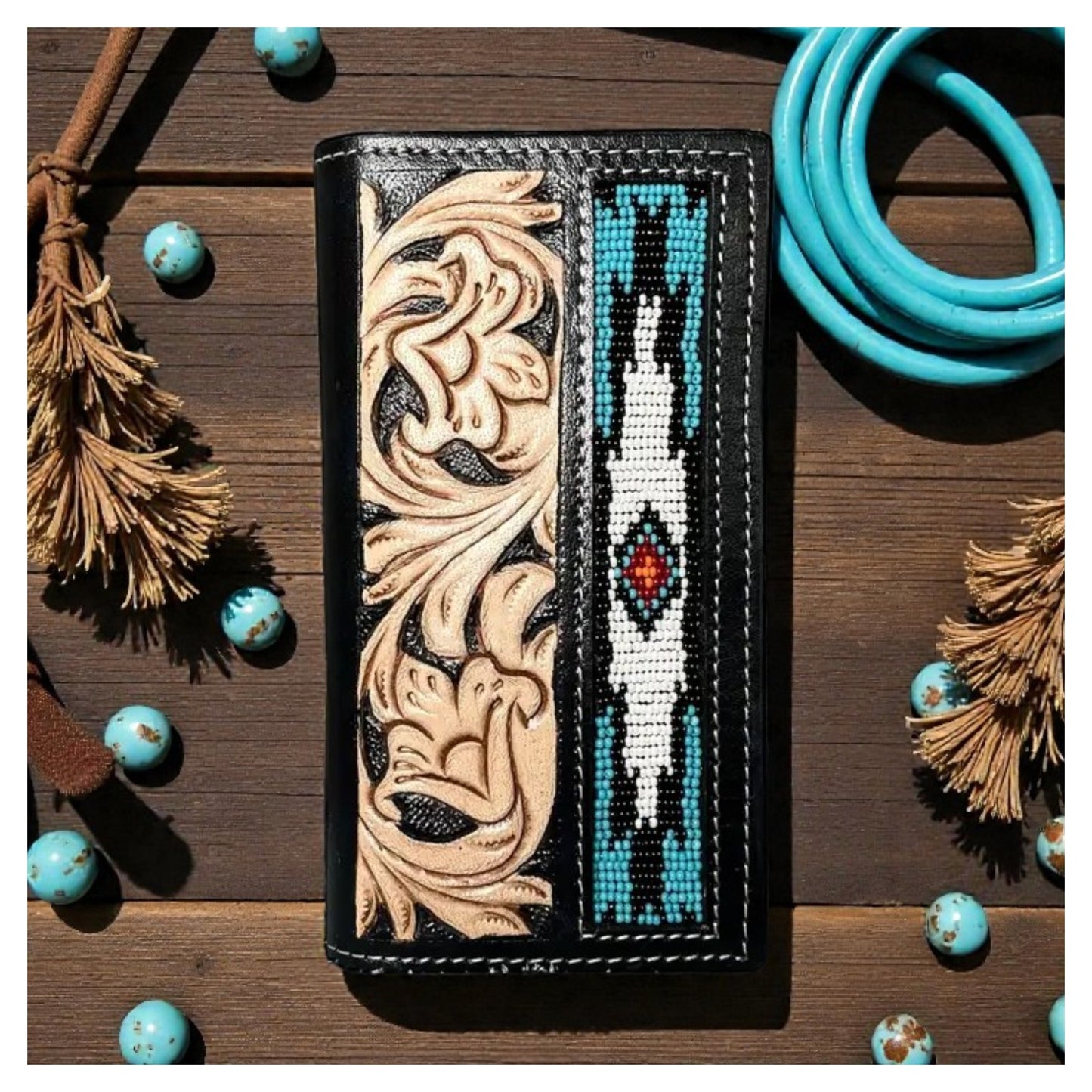 Leather Tooled Beaded Wallet