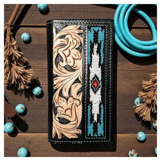 Leather Tooled Beaded Wallet